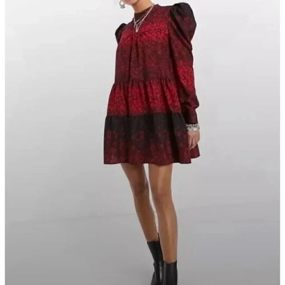 Topshop Size 2 Tiered Hem Long Puff Sleeve Shift Mini Dress Floral Red Black NEW